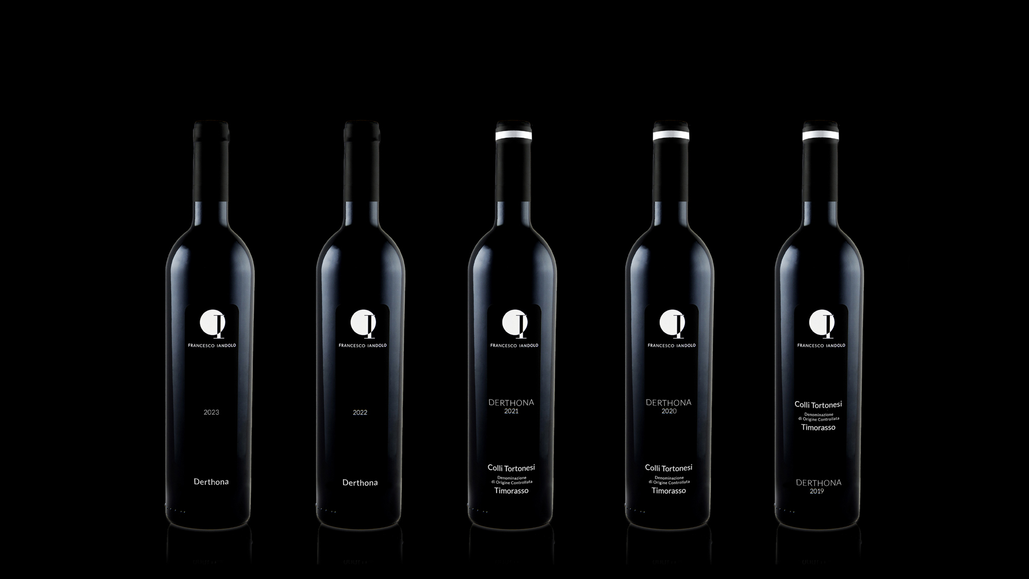 Five vintages of Derthona DOC Timorasso, label design by Sogand Nobahar