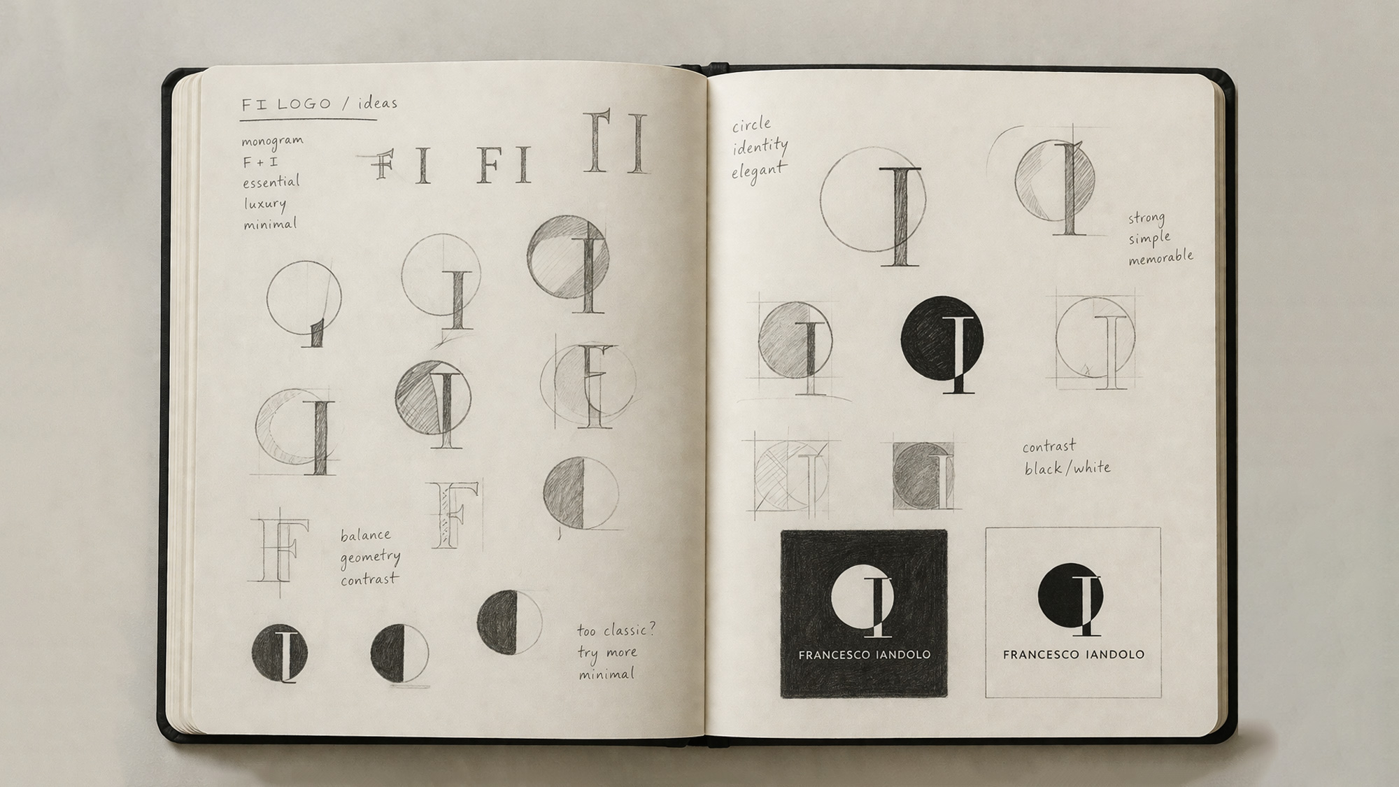 Logo design sketches and process notebook for Francesco Iandolo Winery, by Sogand Nobahar