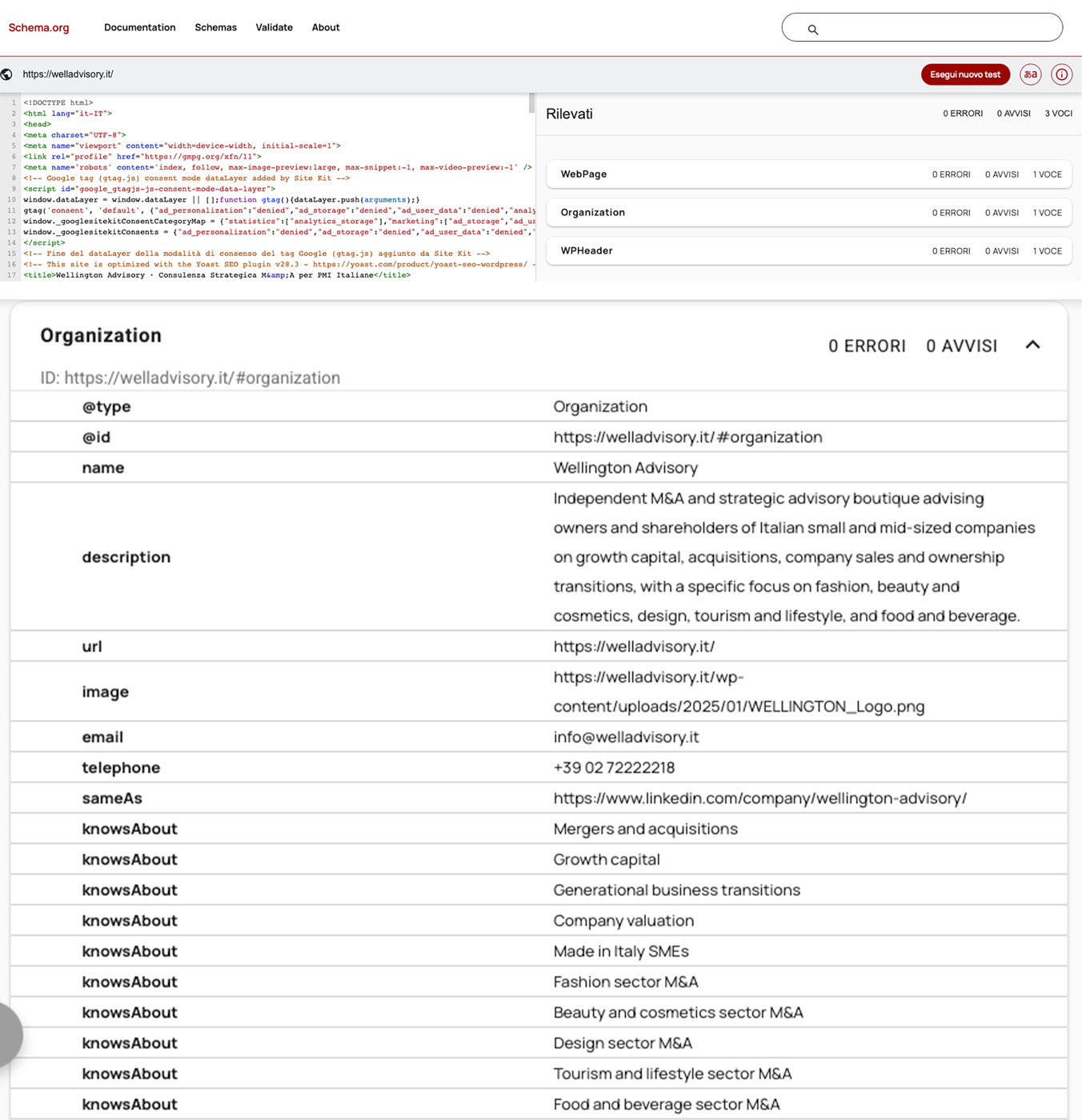 Schema.org validator showing the Wellington Advisory organisation entity with sectors, address and founders, structured data by Sogand Nobahar