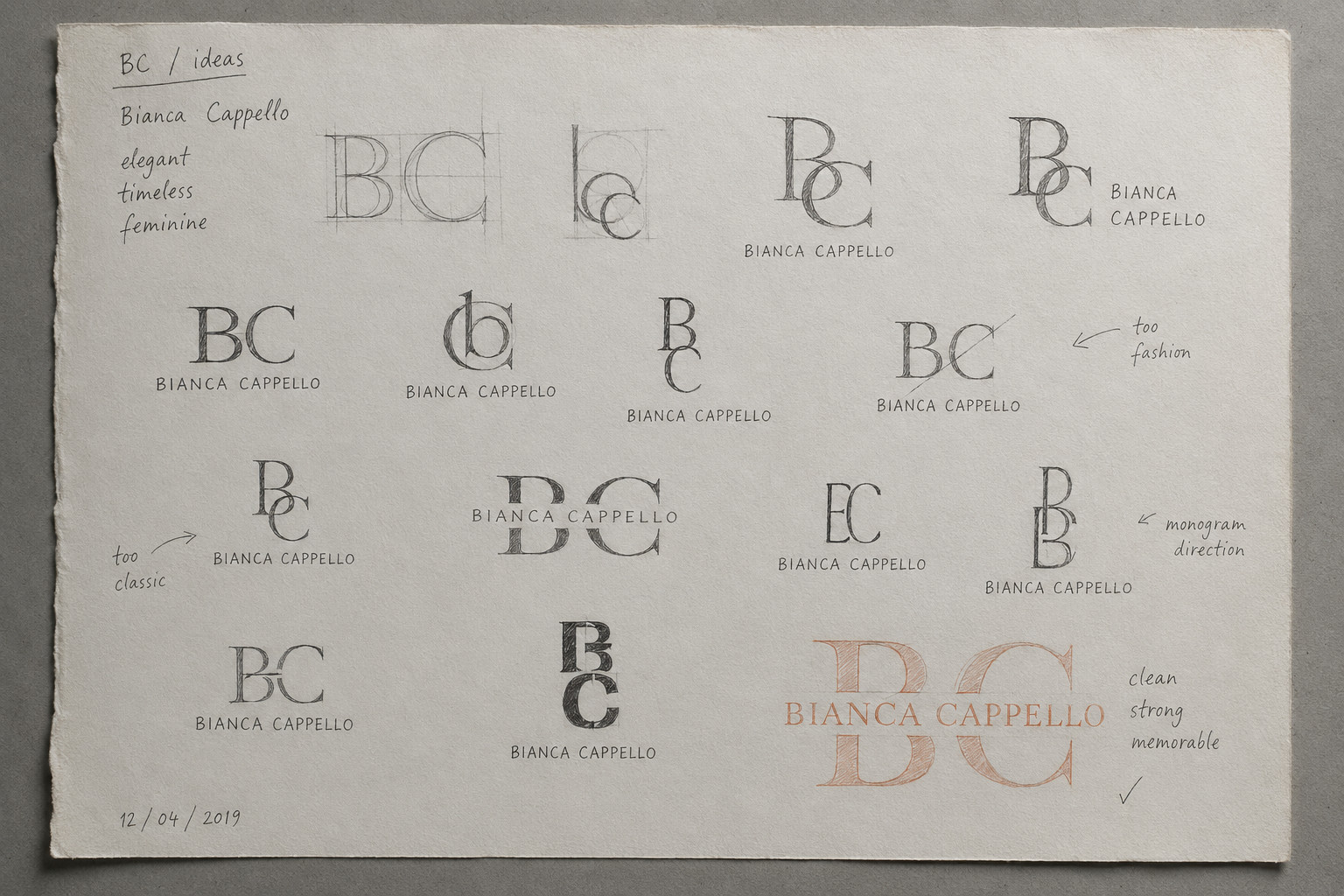 Hand-drawn monogram exploration sheet for the Bianca Cappello identity, fifteen pencil studies of the BC letterform with the chosen direction in coral, by Sogand Nobahar