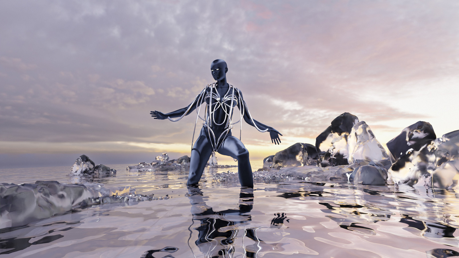 Glimmer Frost digital fashion look in metal and light, shown at NFC Summit Lisbon, by Orbyline
