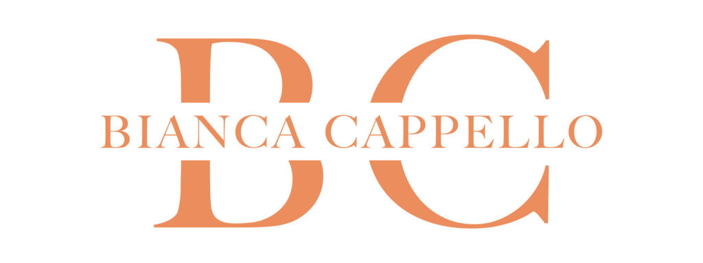 BC monogram and wordmark in coral, visual identity for jewellery historian Bianca Cappello by Sogand Nobahar