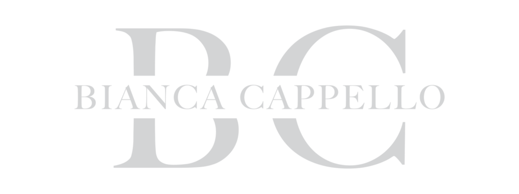 BC monogram in tonal grey on black, watermark version of the Bianca Cappello identity by Sogand Nobahar