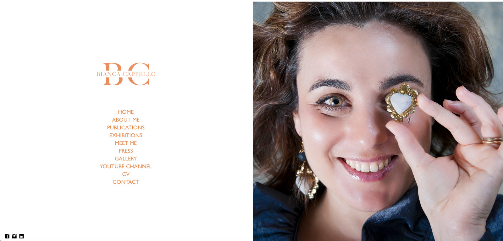 Homepage of biancacappello.it, split-screen layout with BC monogram and navigation, web design by Sogand Nobahar