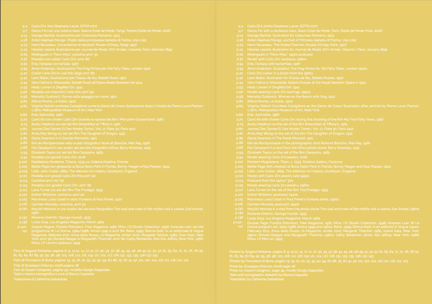 Colophon page from Carlo Zini DREAMS listing the fifty-two pages photographed by Sogand Nobahar