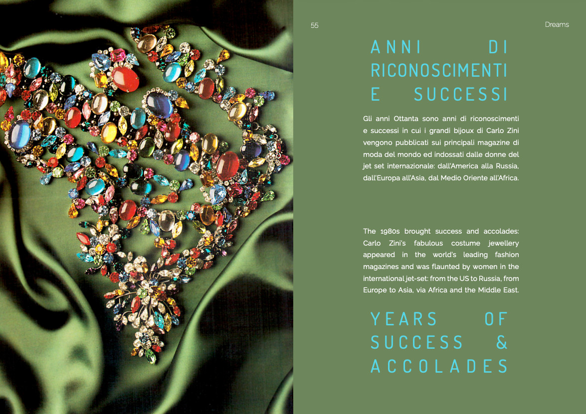 Bilingual spread from Carlo Zini DREAMS with turquoise typography drawn from the green silk in the facing photograph, design by Sogand Nobahar