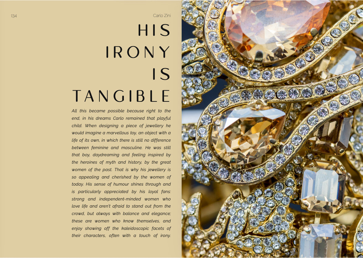 Spread from Carlo Zini DREAMS with right-aligned display typography on sand, facing a gold and topaz macro photograph, design and photography by Sogand Nobahar
