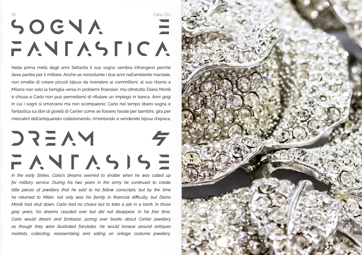 Bilingual spread from the Carlo Zini DREAMS book showing custom Art Deco lettering beside a macro photograph of a crystal brooch, art direction and photography by Sogand Nobahar