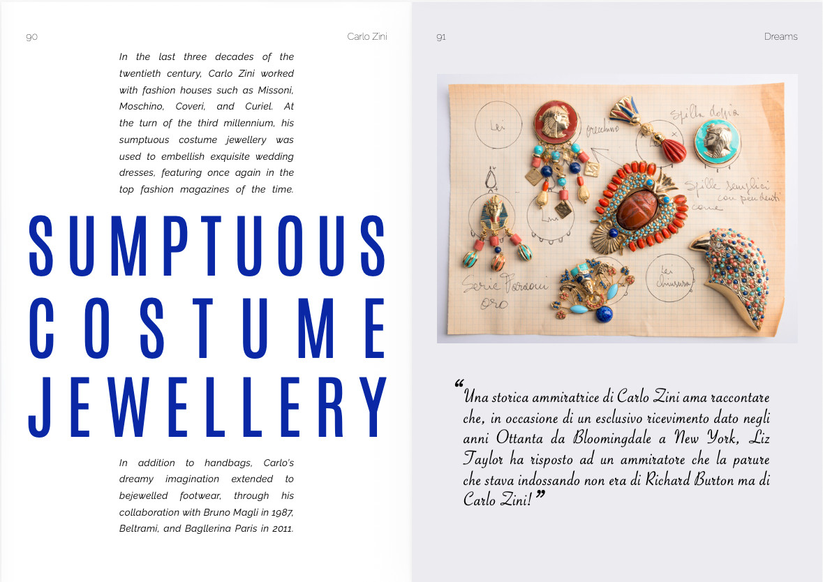 Spread from Carlo Zini DREAMS showing the designer's original working sketch with finished brooches laid on it, facing blue display typography, photography and design by Sogand Nobahar