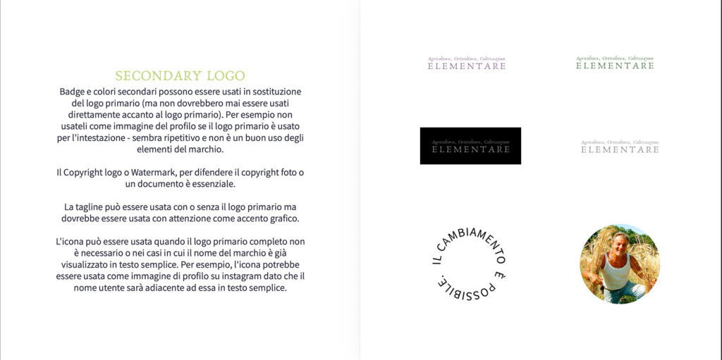 Brand guideline book spread showing clearspace and minimum logo sizes for Coltivazione Elementare, by Sogand Nobahar
