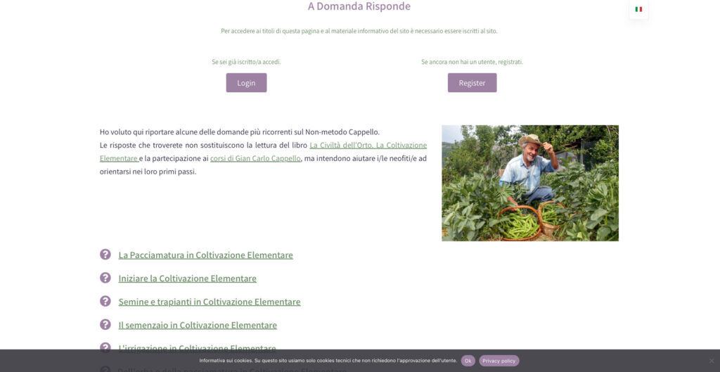 Member registration and login page for the A Domanda Risponde section of the Coltivazione Elementare website