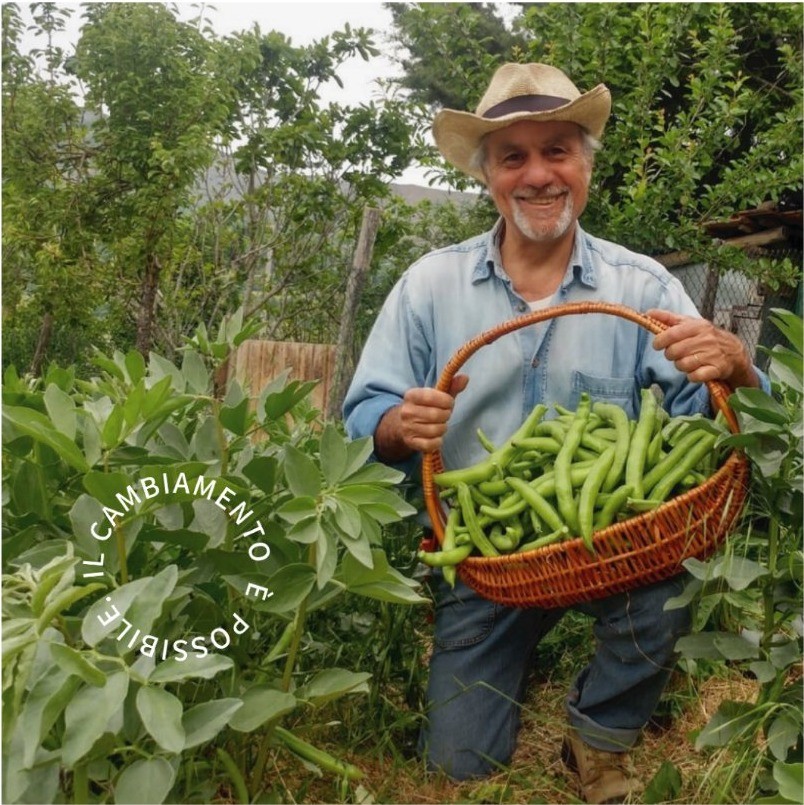 Coltivazione Elementare seal applied over a photograph of a grower harvesting, by Sogand Nobahar