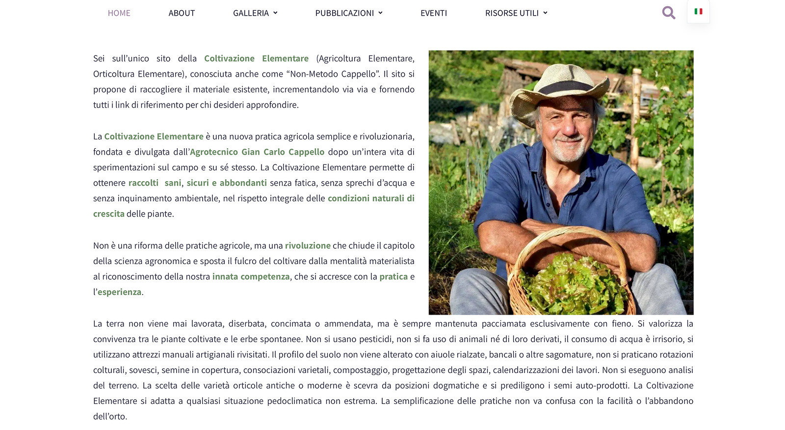 Coltivazione Elementare website homepage content, WordPress site designed