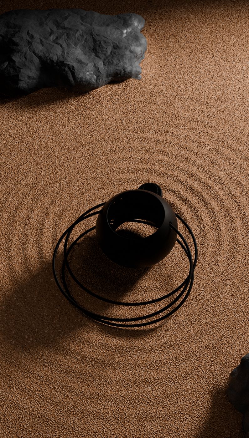 Lolita earring rendered in matte black on raked sand, the one finish produced physically