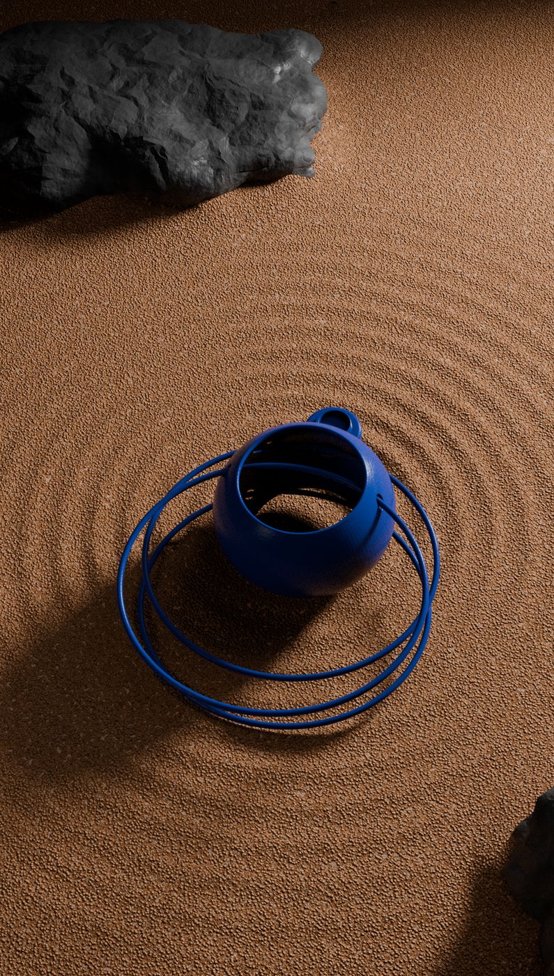 Lolita earring rendered in blue on raked sand, one of five finishes from a single 3D file