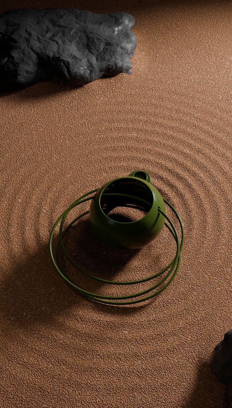 Lolita earring rendered in green on raked sand, one of five finishes from a single 3D file