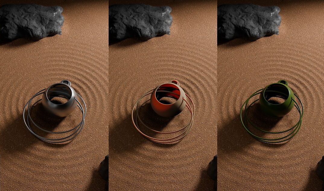 Lolita earring rendered in various colors on raked sand, black one finish produced physically. work cover