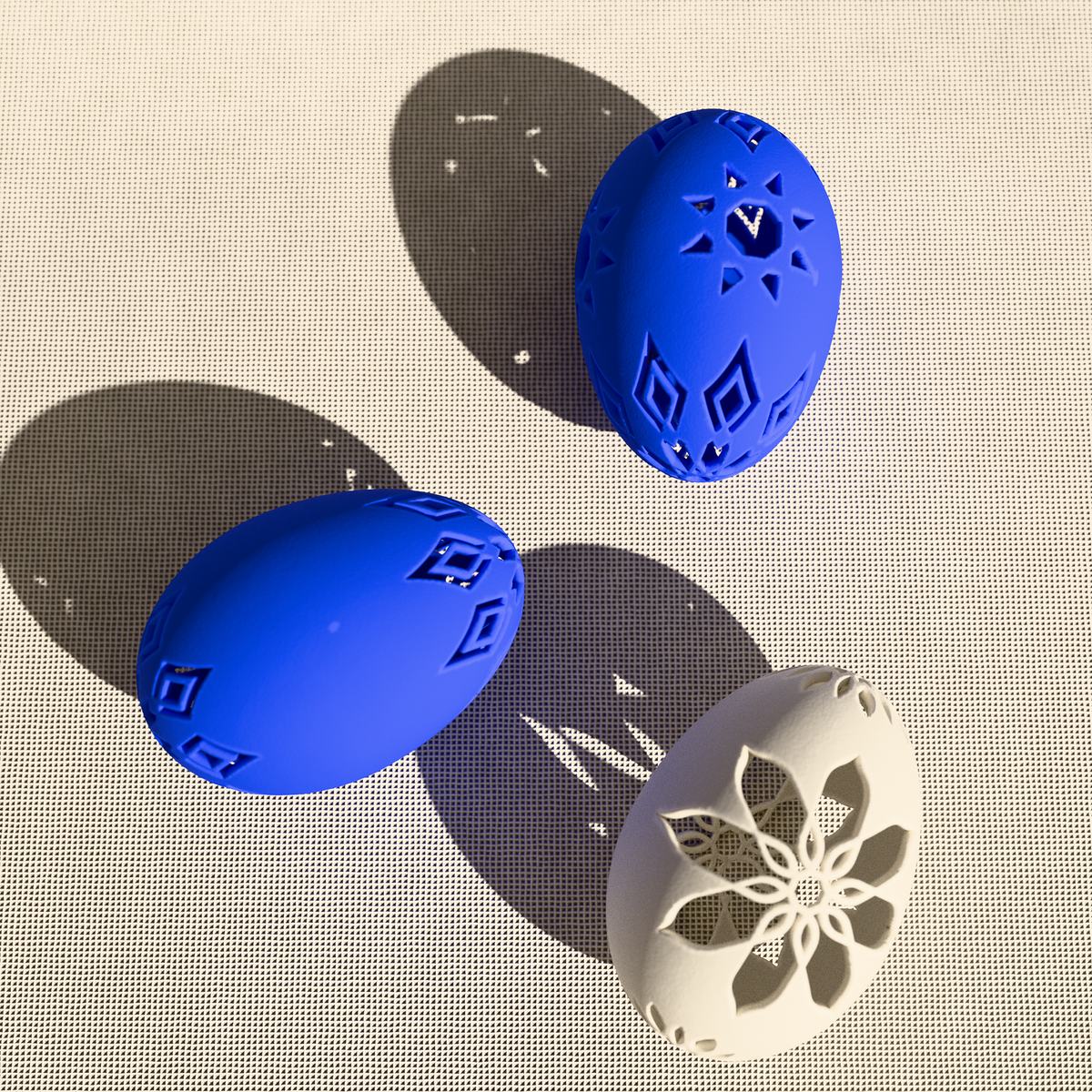 3D render of three patterned Nowrouz eggs on linen in direct sunlight, by Sogand Nobahar