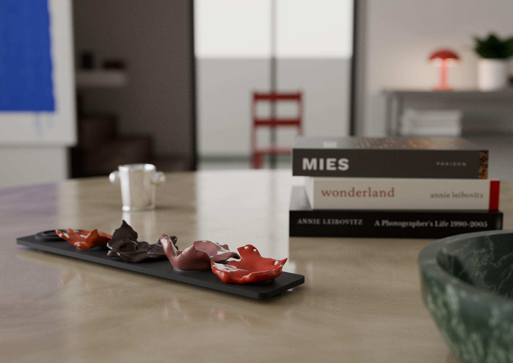 Red and black brooch and decorative object by Nobahar Design on a console table in a rendered interior, CGI by Sogand Nobahar