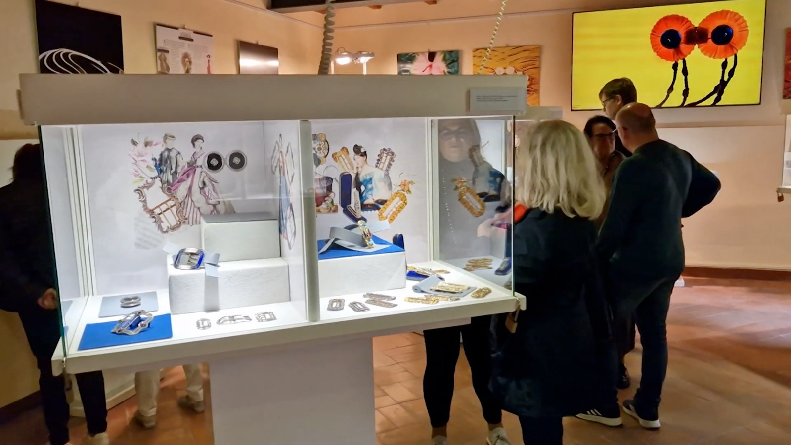 Mushroom vitrine with collage panels and felt displays during Milleuna Fibbia at Museo del Bijou di Casalmaggiore