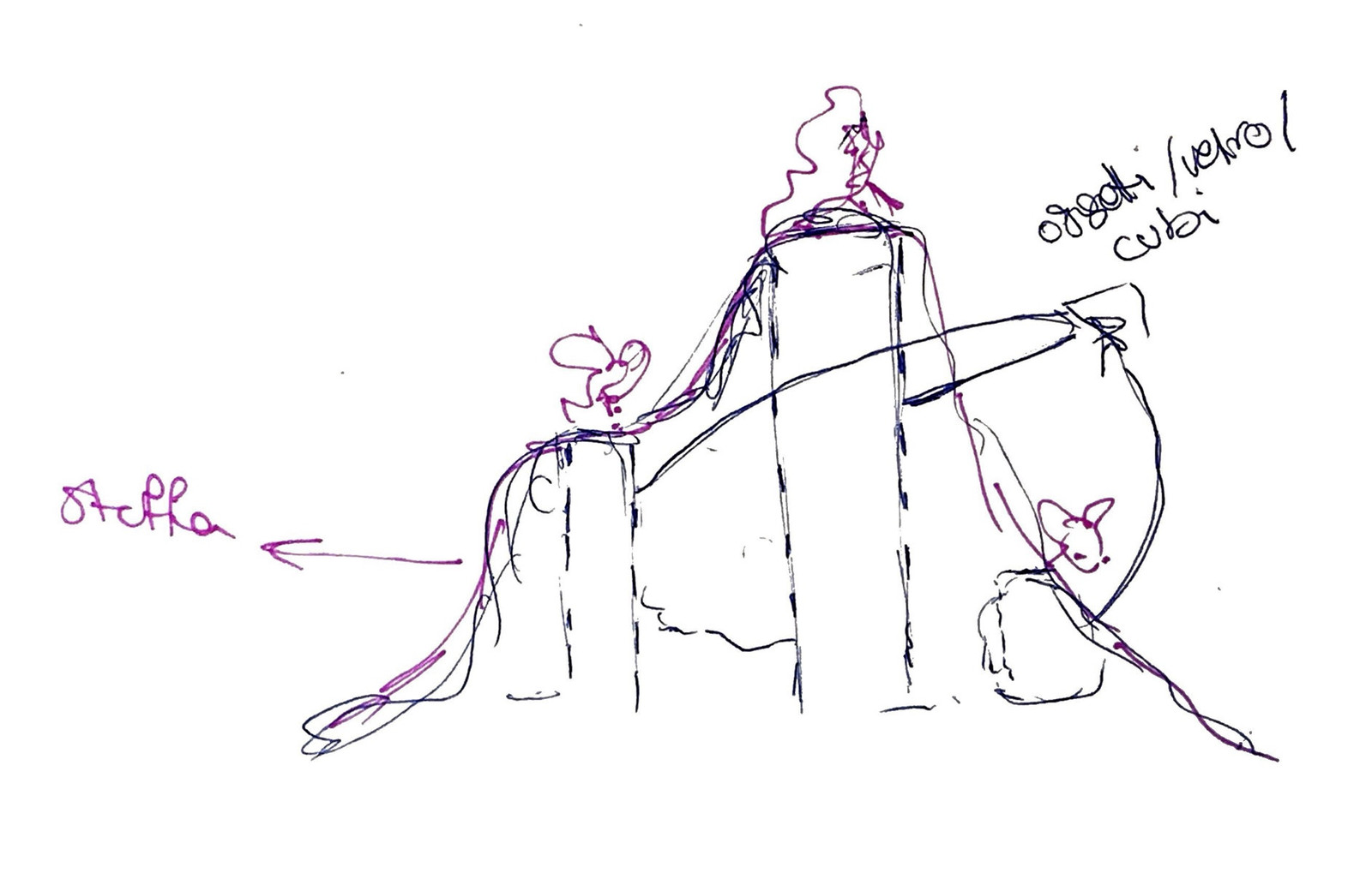 Hand sketch of a stepped fabric riser for buckle display, Milleuna Fibbia