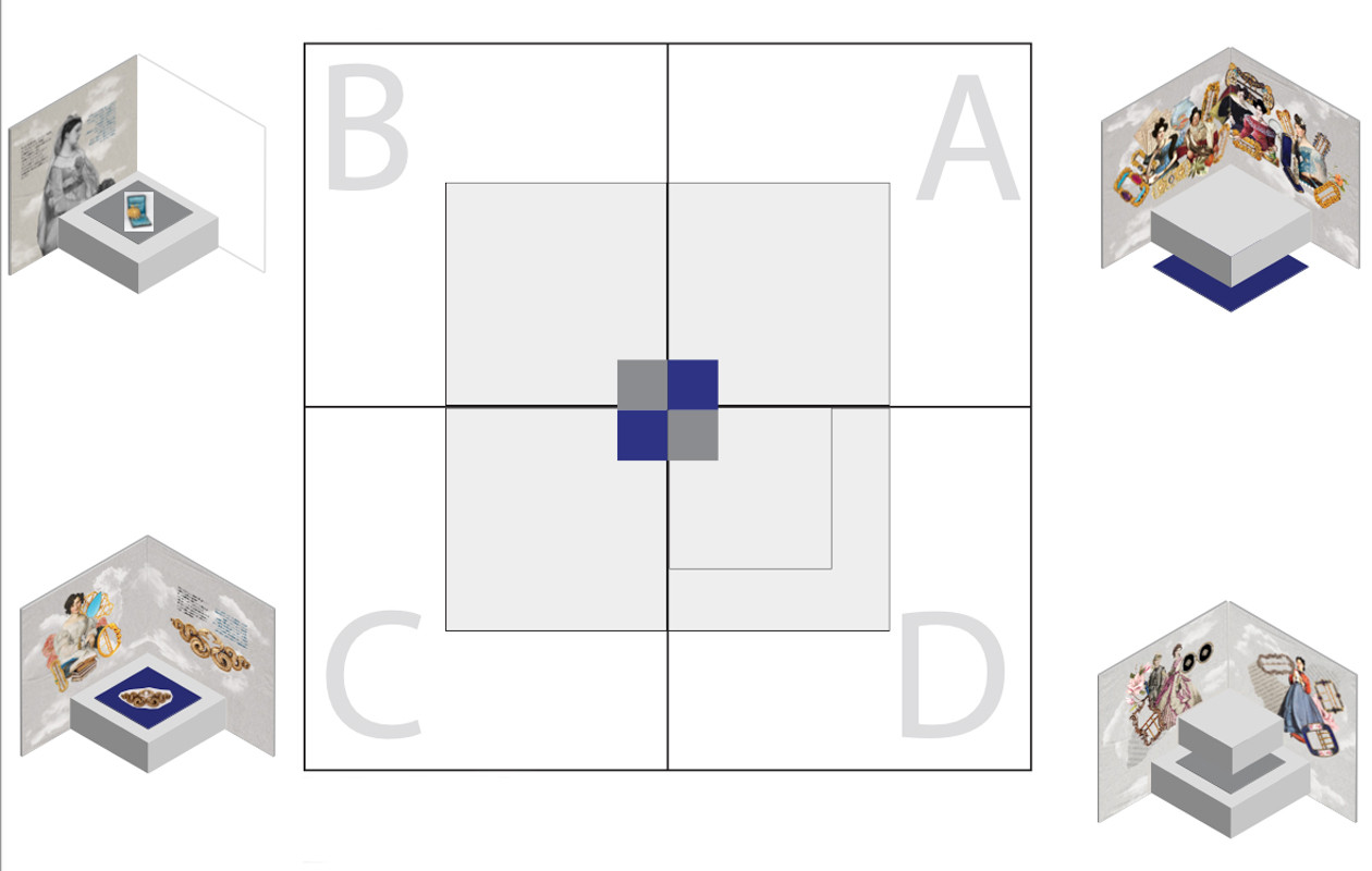 Quadrant layout scheme for a mushroom vitrine showing cube placement and felt colour keying, drawn by Sogand Nobahar