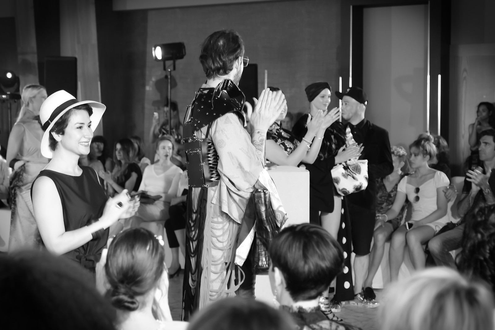 Black and white runway presentation with audience, Nobahar Design at Montecarlo