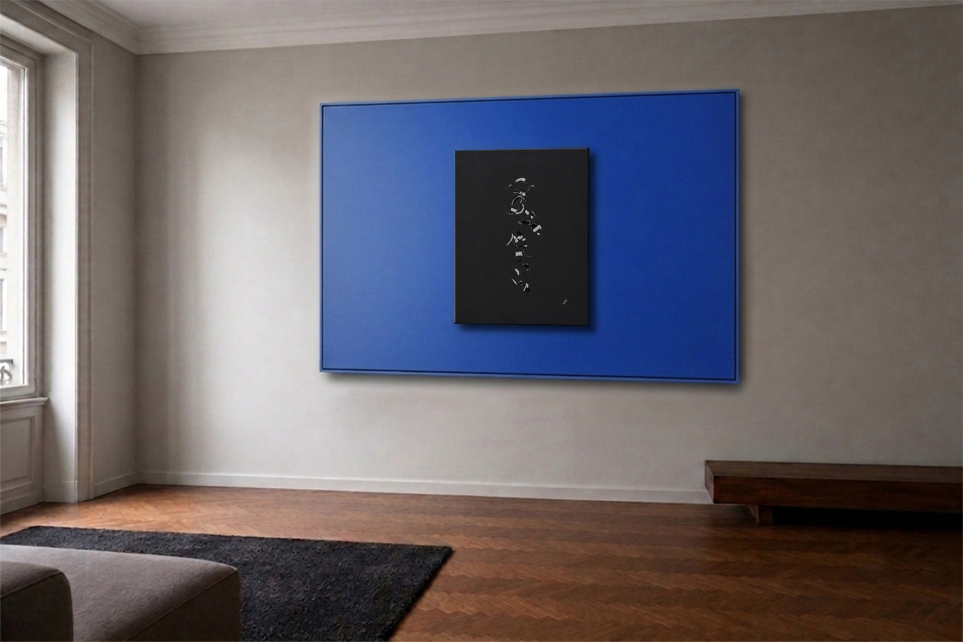 Persistenza 01, blue canvas 200 by 130 cm hung in a Milanese apartment interior, by Sogand Nobahar