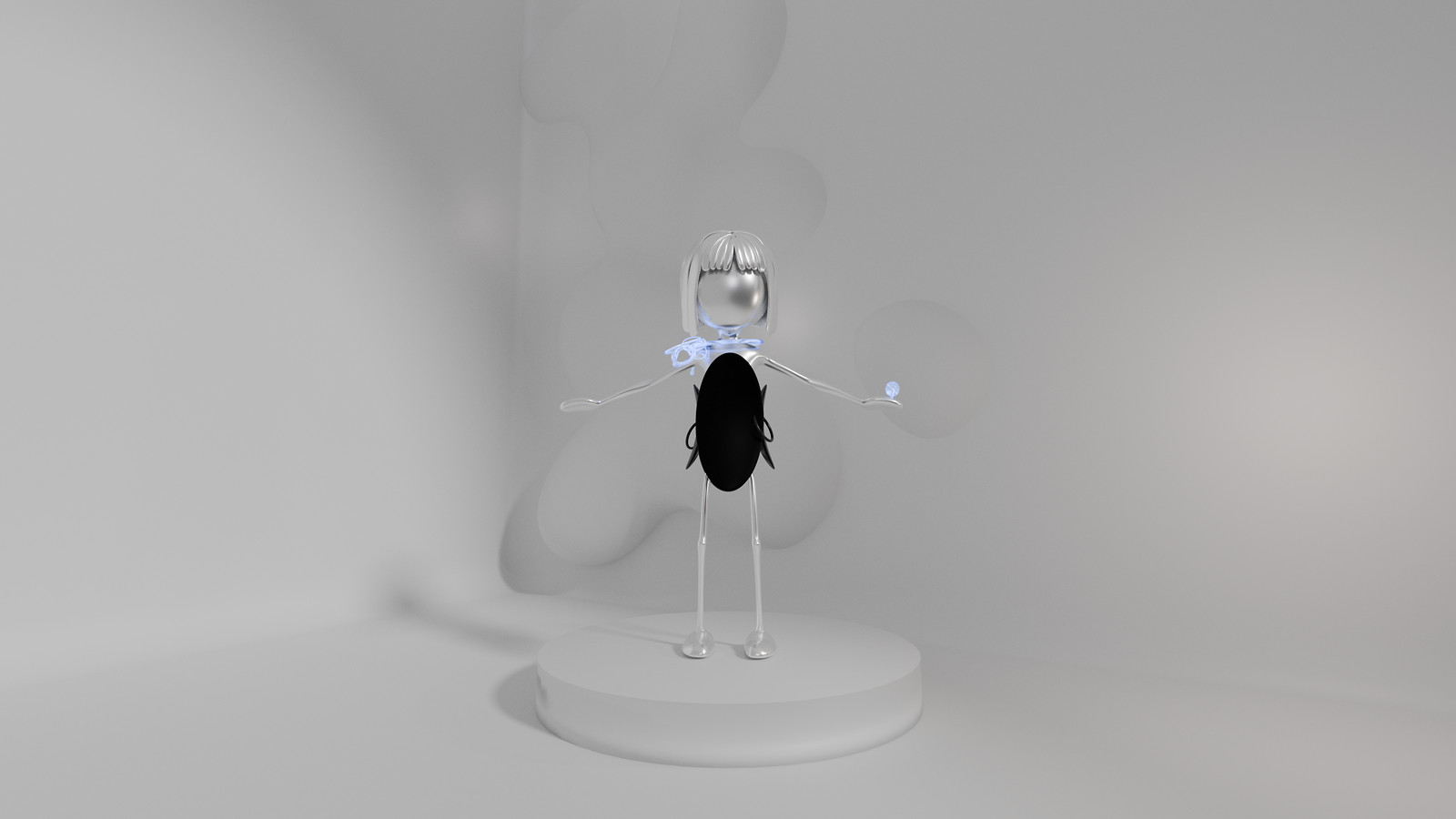 Chrome 3D character with a blue looped neckpiece on a white plinth, character design by Sogand