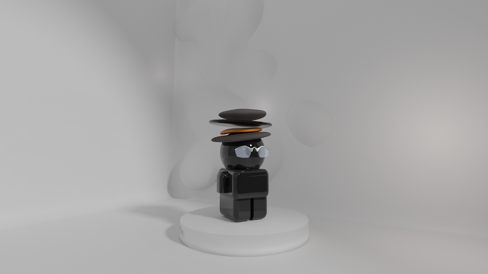 Matte black 3D character with a stacked disc headpiece and visor, character design by Sogand Nobahar