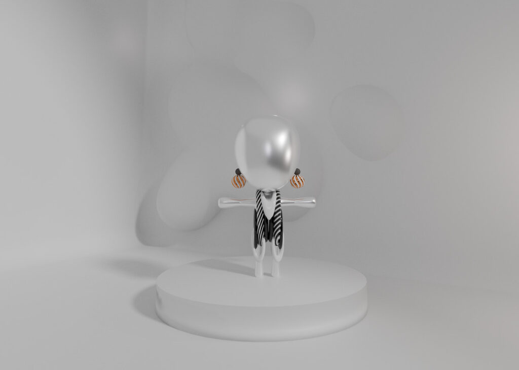 3D character with copper spiral earrings and a striped garment on a white plinth, from Octant Clarified