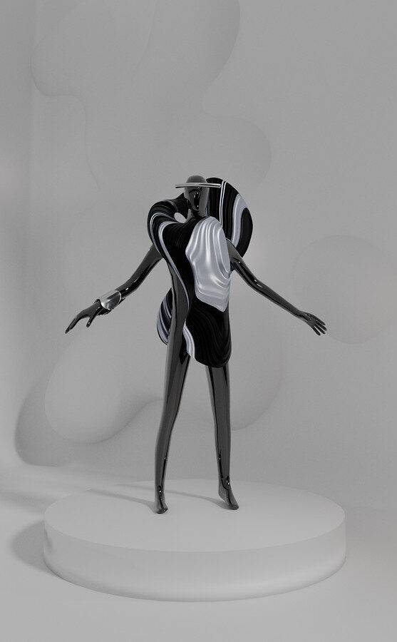 Tall black figure in a sculptural garment by Nastaran Hashemi, 3D scene by Sogand Nobahar for Octant Clarified
