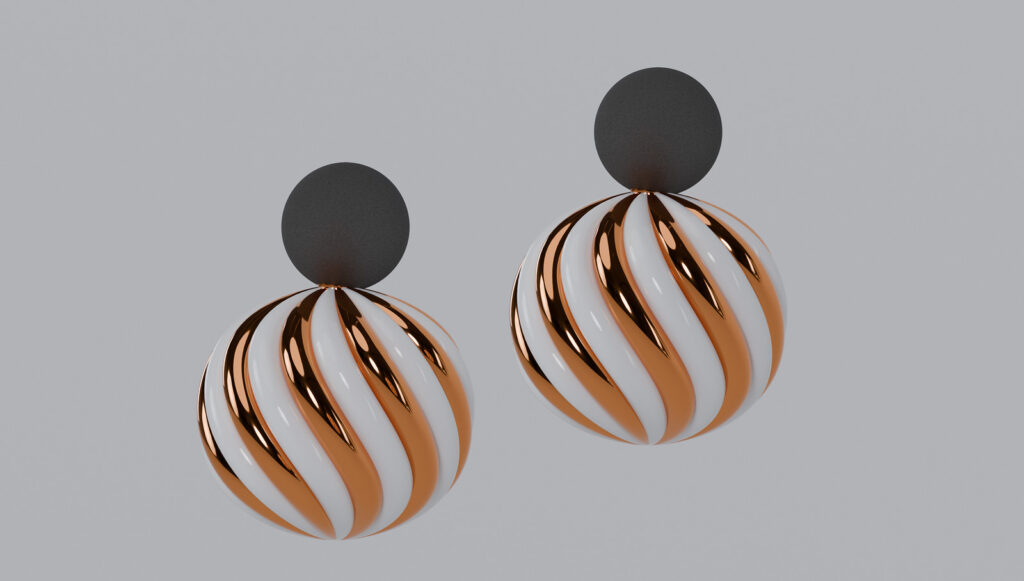 Copper and white spiral sphere earrings, isolated 3D render by Sogand Nobahar