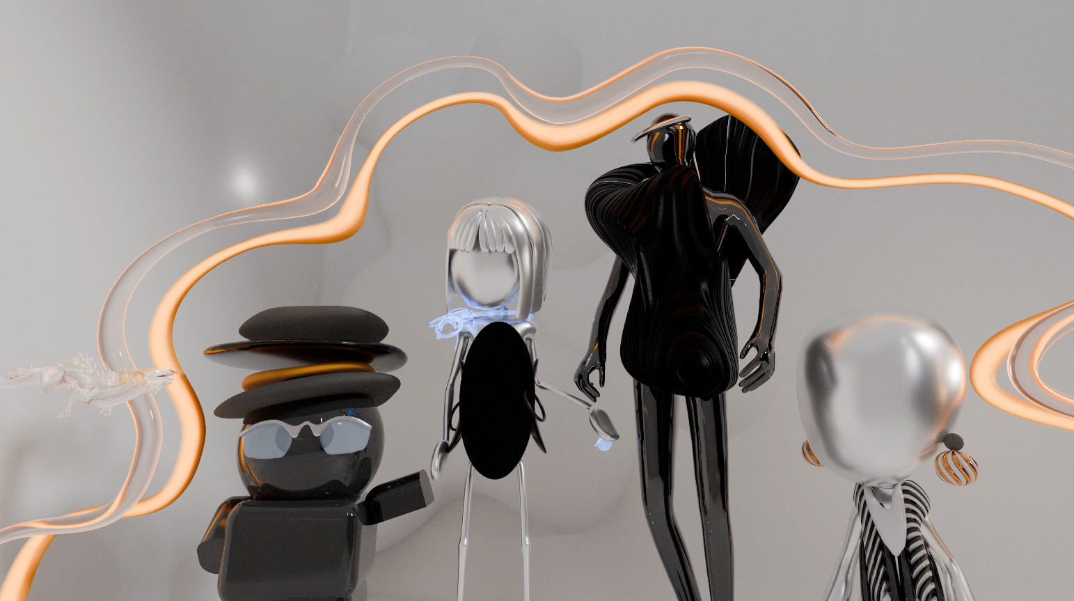 Four 3D characters under an orange ribbon, animated film still from Octant Clarified, character design and animation by Sogand Nobahar