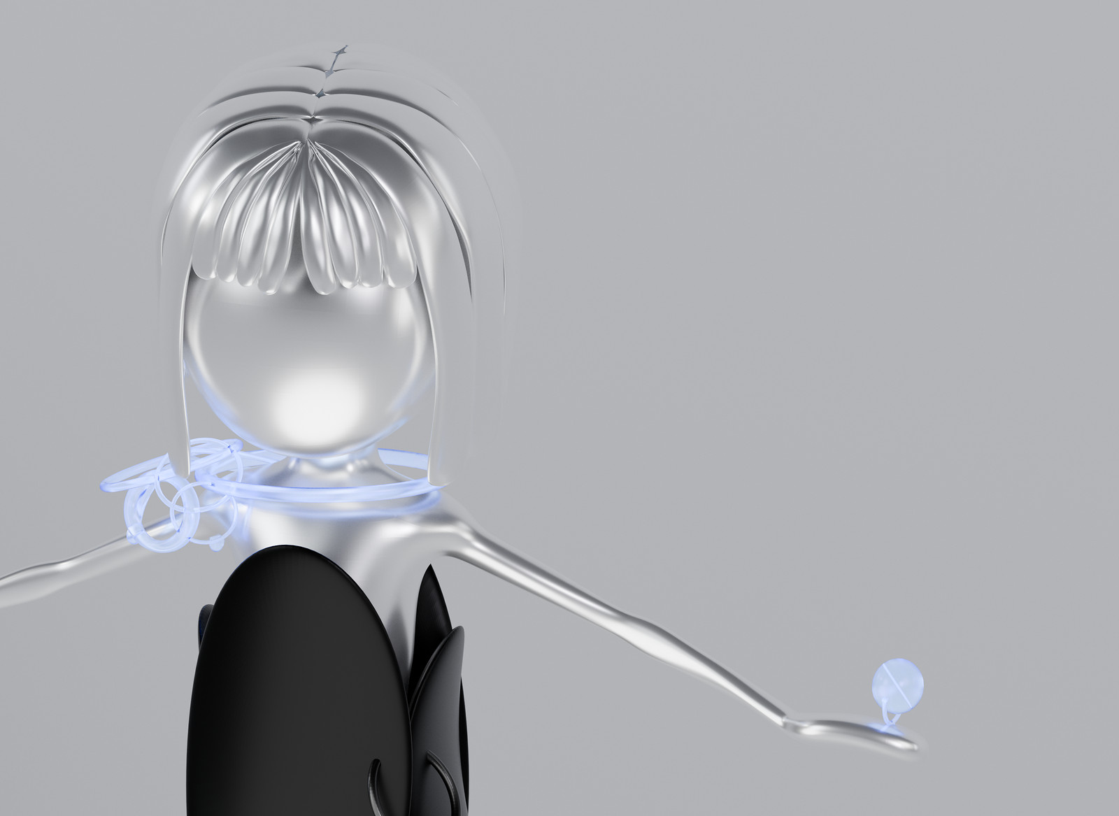 Close-up of a chrome character head with a transparent blue looped neckpiece, 3D modelling by Sogand Nobahar