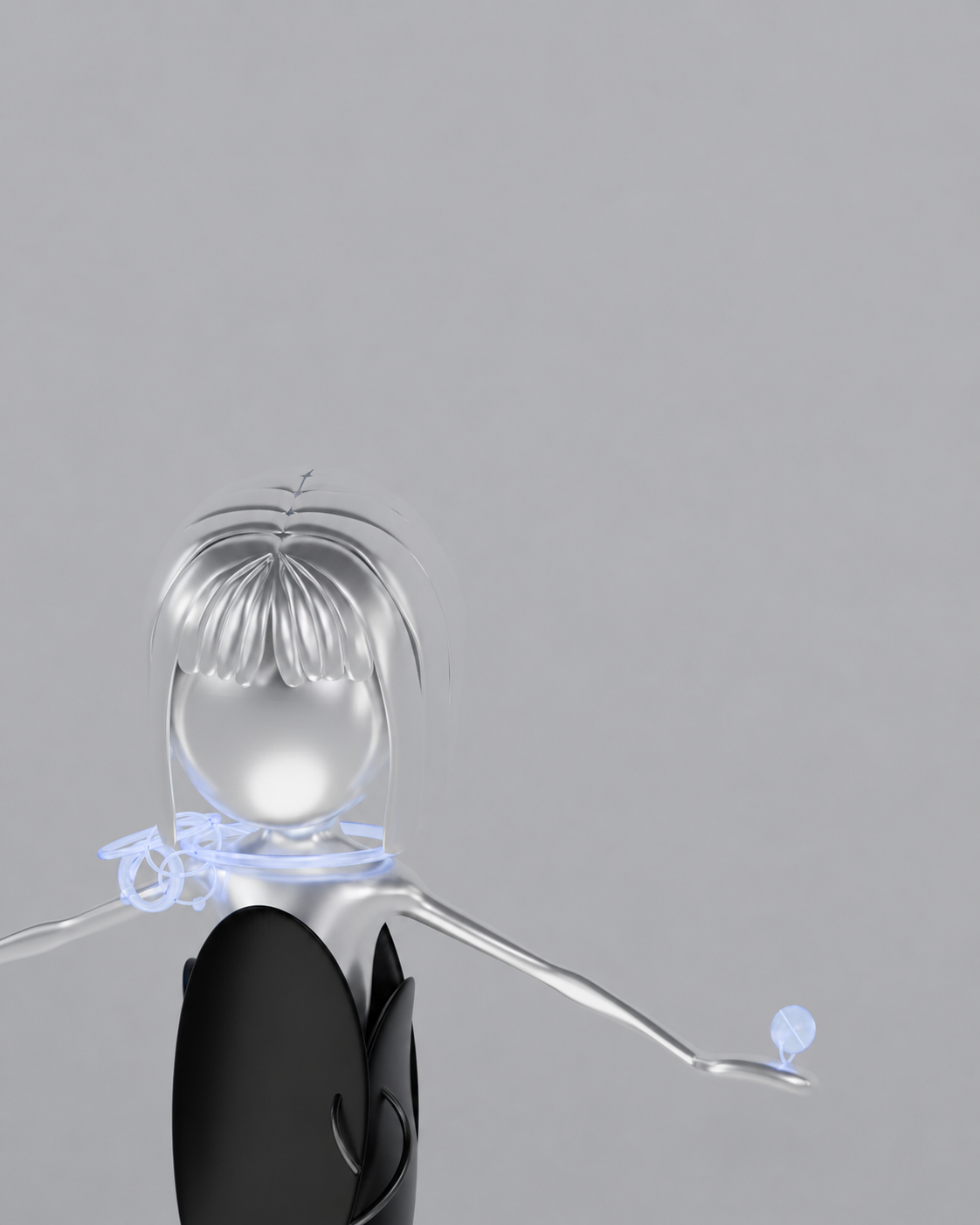 Close-up of a chrome character head with a transparent blue looped neckpiece, 3D modelling by Sogand Nobahar with background