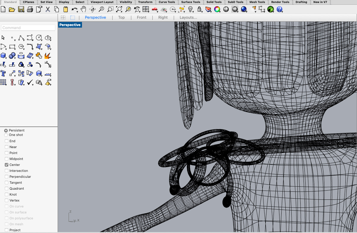 Rhino wireframe view of a character head and neckpiece, 3D modelling by Sogand Nobahar