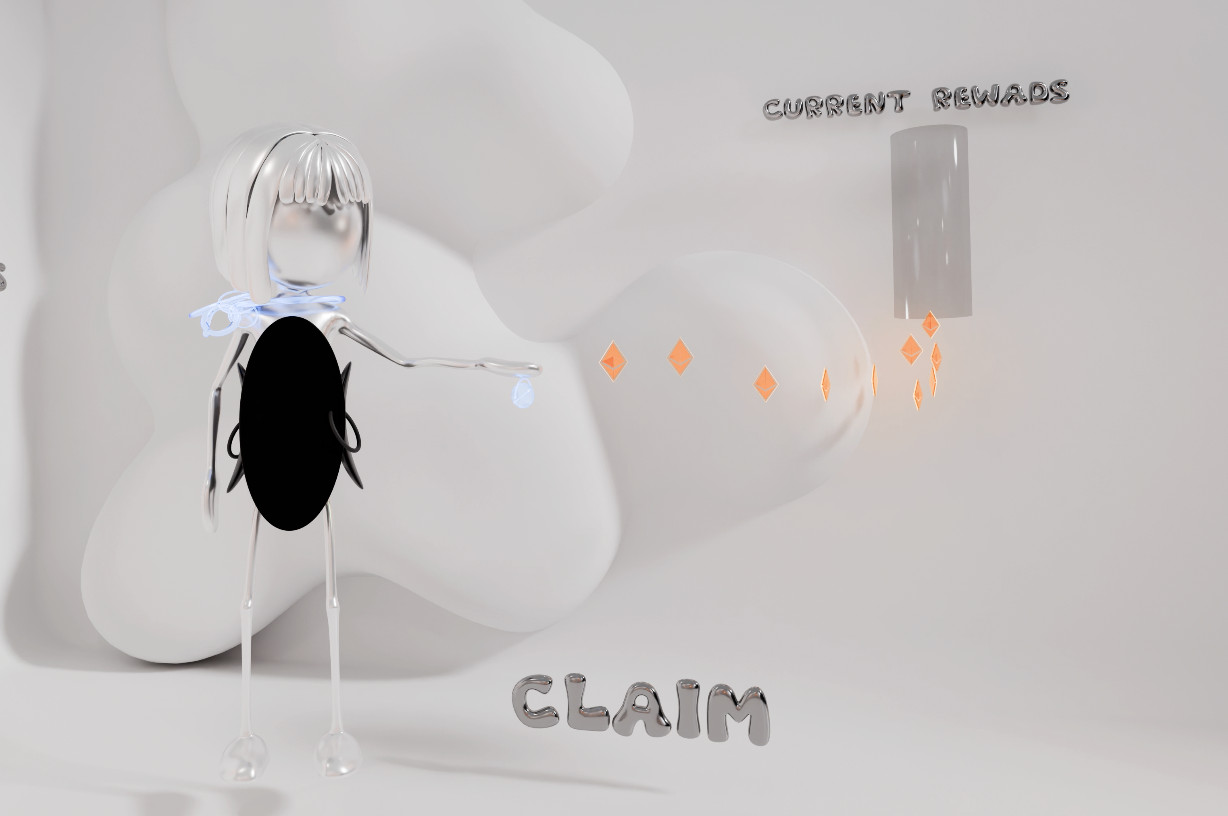 Character reaching toward floating Ethereum tokens under the word claim, animated film still by Sogand Nobahar