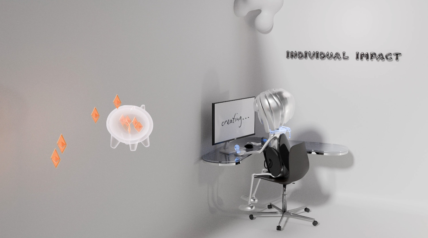 Final individual impact scene with a character at a desk and a glass piggy bank filling with Ethereum, animation by Sogand Nobahar