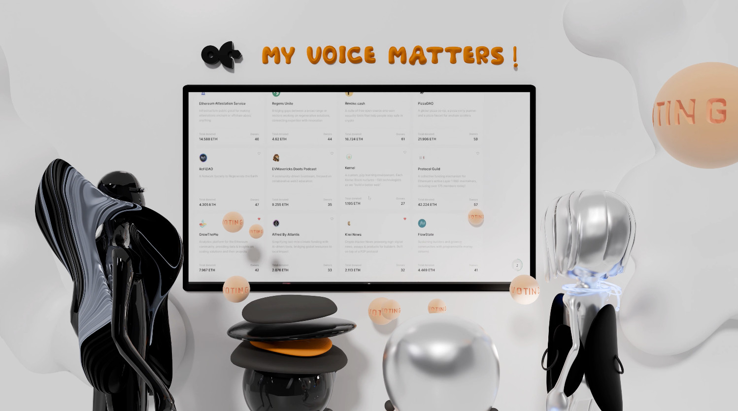 Final voting scene with four characters facing a rebuilt Octant project interface, animation by Sogand Nobahar