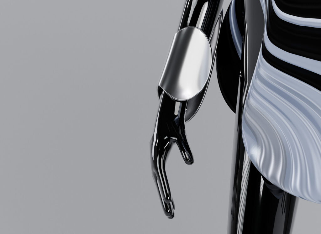 Silver cuff on a black glossy arm, accessory design by Sogand Nobahar for Octant Clarified