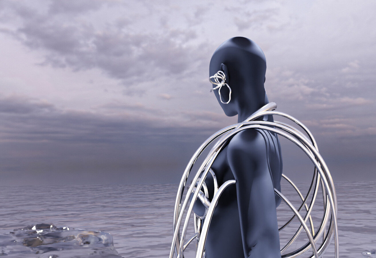 Glimmer Frost digital fashion look in metal and light, shown at NFC Summit Lisbon, by Orbyline