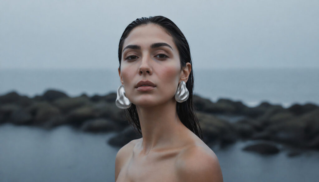 portrait on volcanic rock wearing NEX Petroline earrings, CGI campaign by Sogand Nobahar