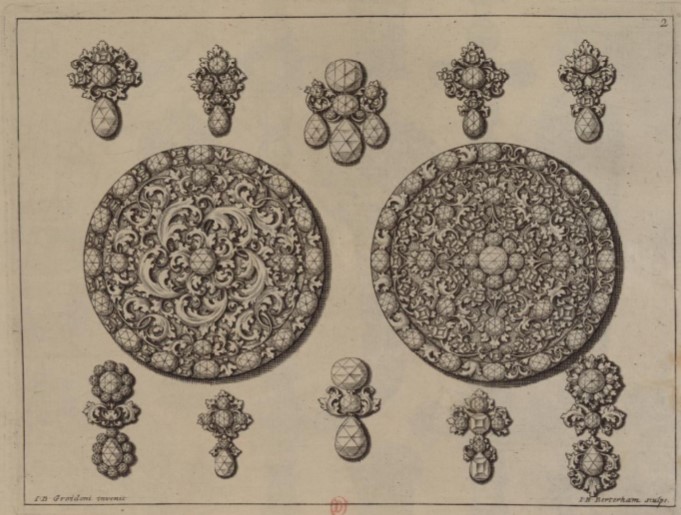 Grondoni plate of rosettes and drop pendants before restoration, Segni Preziosi