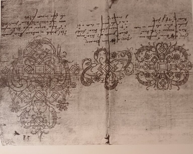 Cesare Varenna design sheet before restoration, faded and low contrast, Segni Preziosi