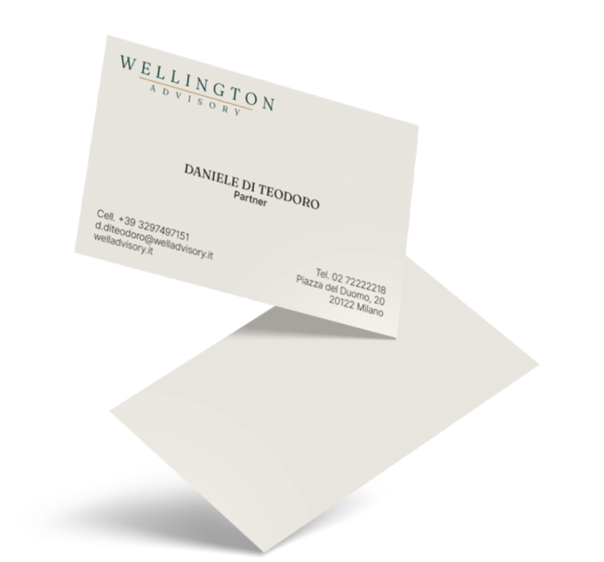 Wellington Advisory business card in forest green on warm white, stationery design by Sogand Nobahar