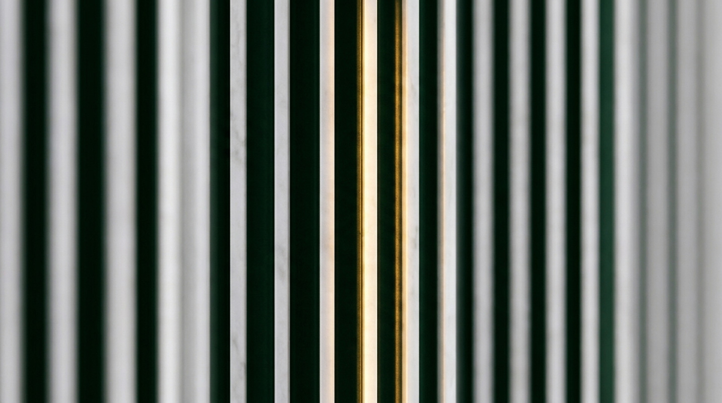 Fluted green and brass vertical panel, design sector imagery for Wellington Advisory
