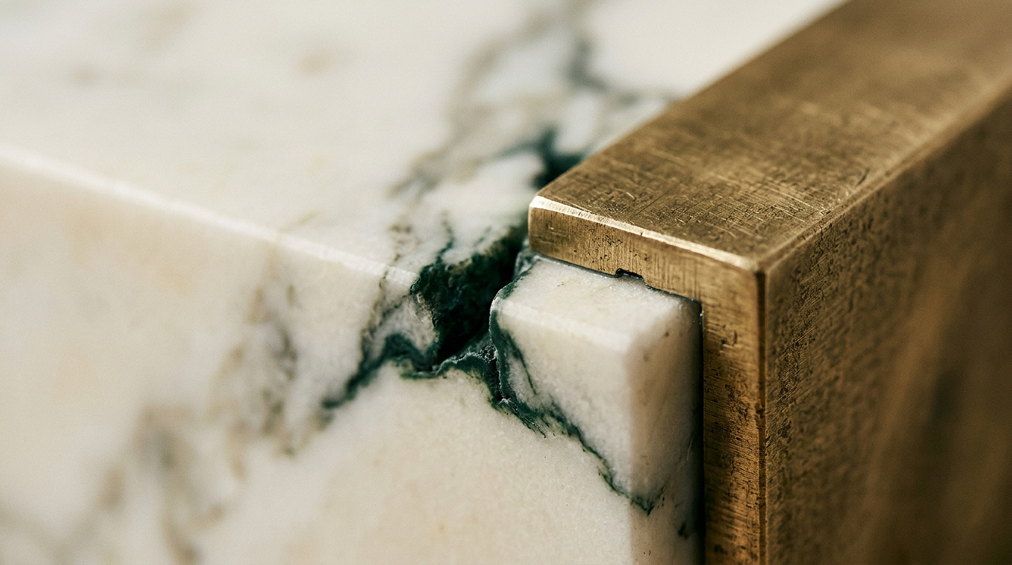 Green-veined marble edge meeting brass, design sector imagery for Wellington Advisory