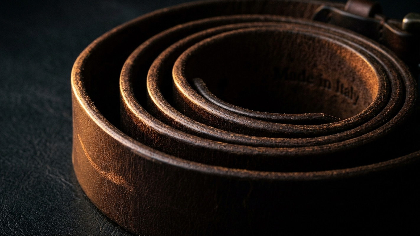 Coiled Italian leather belt on a dark surface, fashion sector study for Wellington Advisory by Sogand Nobahar