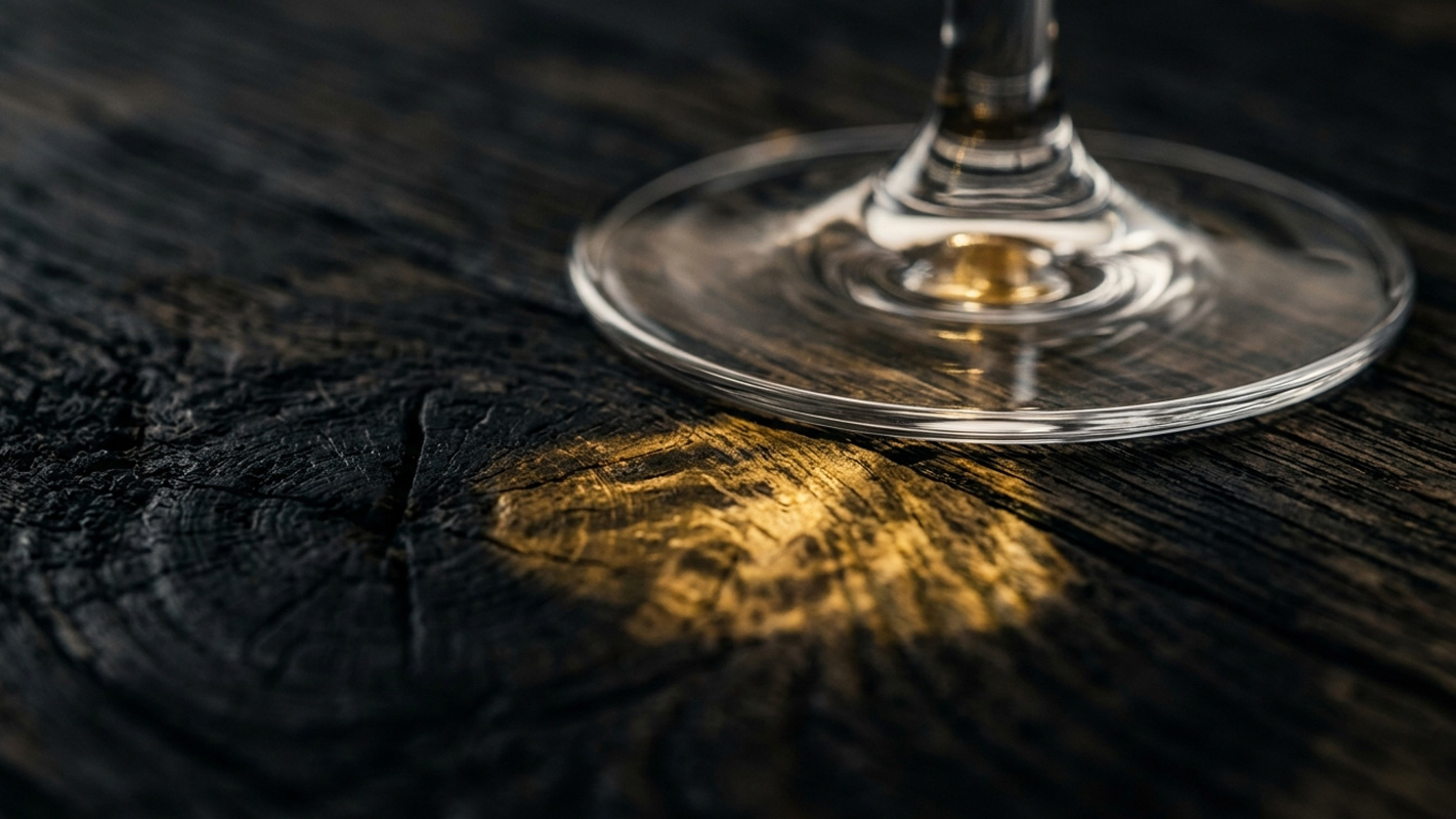 Wine glass base casting gold light on burnt wood, food and beverage sector study for Wellington Advisory by Sogand Nobahar